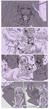 ! !? +_+ 2boys absurdres anal banana bat_wings belly bikini blush border bow censored crossdressing crossdressing_(mtf) cum dreaming egg_(food) erection fellatio food fruit heart highres imagining indoors looking_at_viewer looking_back maid maid_bikini maid_headdress male_focus male_maid male_penetrated monochrome moon mubo multiple_boys navel nipples one_eye_closed open_mouth oral original penis plate purple_background reaching sex sex_from_behind short_hair sleeping speech_bubble sweat swimsuit to_be_continued tongue tongue_out trap unconventional_maid under_covers white_bikini white_border window wings yaoi