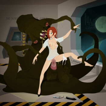 2girls alien black_shoes black_sky breasts breasts_apart clitoris furrowed_brow glasses grabbing_another's_breast green_eyes groping hair_tie highres holding_another's_wrists interspecies liquid logo looking_at_another low_ponytail madscientist medium_breasts monster moon multiple_girls navel no_bra nude ooze open_mouth original panties panties_around_leg pasiphae_project planet ponytail pussy_juice pussy_juice_trail rape red_hair saliva scar see-through_clothes see-through_shirt sex sharp_teeth shirt shoes short_hair signature sky space spacecraft spacecraft_interior spread_legs surprised teeth tentacles tongue underwear unworn_shoes vaginal vector_art window