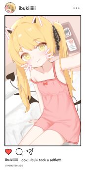 1girl :3 absurdres asymmetrical_hair black_horns black_ribbon black_tail black_wings blonde_hair blue_archive bow chiaki_(blue_archive) closed_mouth collarbone demon_girl demon_horns demon_tail demon_wings drawn_whiskers dress dress_bow english_text fake_phone_screenshot fake_screenshot flat_chest highres horns ibuki_(blue_archive) long_hair looking_at_viewer nullkurage peroro_(blue_archive) pink_dress ribbon selfie short_dress side_ponytail single_sidelock sitting smile solo strap_slip sundress tail wings yellow_eyes