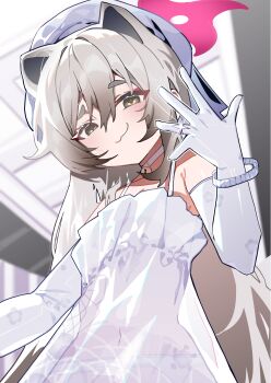 1girl :3 absurdres animal_ears blue_archive bracelet closed_mouth covered_navel duplicate eyeshadow glint grey_hair halo highres indoors its2h35 jewelry long_hair looking_at_viewer makeup michiru_(blue_archive) michiru_(dress)_(blue_archive) pink_eyeshadow pink_halo raccoon_ears raccoon_girl ring smug solo