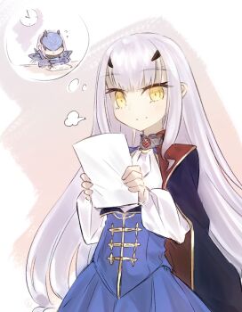 1girl armor blue_armor blue_cape blue_dress breasts cape chibi chibi_inset clock commentary_request dress fate/grand_order fate_(series) forked_eyebrows gold_trim long_hair long_sleeves looking_at_viewer mask melusine_(fate) melusine_(first_ascension)_(fate) melusine_(second_ascension)_(fate) paper sidelocks small_breasts smile speech_bubble thought_bubble white_hair yellow_eyes yubeshi_(zecxl)