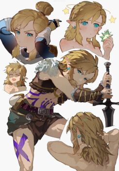 1boy @_@ aqua_eyes bandaged_arm bandages barbarian_set_(zelda) blonde_hair blush body_markings closed_eyes cowboy_shot cropped_vest dizzy earrings furrowed_brow hair_between_eyes hair_bun hand_in_own_hair highres holding holding_sword holding_weapon jewelry leather leather_vest link long_hair male_focus multiple_views nintendo official_alternate_costume pointy_ears sidelocks solo stealth_set_(zelda) sword the_legend_of_zelda the_legend_of_zelda:_tears_of_the_kingdom tsujieiri upper_body vest wavy_mouth weapon white_background