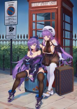2girls absurdres bb_(fate) bb_(fate/extra) black_legwear boots breasts cleavage english_text fate_(series) highres long_hair luggage meltryllis_(fate) multiple_girls no_pants no_parking_sign nox13 off-shoulder_jacket off_shoulder painting_(medium) pantyhose purple_eyes purple_hair road_sign rolling_suitcase roxasnox see-through_clothes standing suitcase thigh_boots thighhighs traditional_media very_long_hair watercolor_(medium) white_legwear
