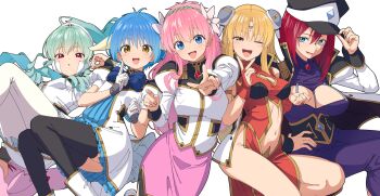 5girls :d absurdres black_thighhighs blonde_hair blue_bow blue_bowtie blue_dress blue_eyes blue_hair boots bow bowtie breasts brooch cleavage_cutout clothing_cutout dress drill_hair facial_mark flower forehead_mark forte_stollen galaxy_angel gem green_hair green_hairband hair_flower hair_ornament hairband hat highres jacket jewelry juliet_sleeves large_breasts long_hair long_sleeves looking_at_viewer medium_breasts milfeulle_sakuraba mint_blancmanche monochrome monocle multiple_girls navel normad one_eye_closed open_mouth outstretched_arm parted_lips peaked_cap pencil_skirt pink_hair pink_skirt ponytail puffy_short_sleeves puffy_sleeves purple_dress ranpha_franboise red_eyes red_gemstone red_hair shinomu_(cinomoon) short_hair short_sleeves simple_background skirt sleeve_cuffs smile stomach_cutout thighhighs vanilla_h white_background white_boots white_jacket