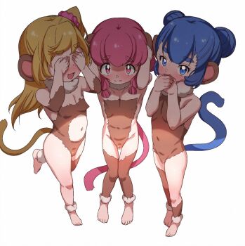 3girls angie_(meganekko-geki-love-1008) animal_ears ankle_cuffs barefoot blonde_hair blue_eyes blue_hair blush breasts cameltoe commentary_request covered_erect_nipples covered_eyes covered_navel covering_own_ears covering_own_eyes covering_own_mouth double_bun expressionless female_focus flat_chest full_body fur_scarf furrowed_brow hair_bun hair_ornament hair_scrunchie highres knees_together_feet_apart legs_together loli long_hair looking_at_viewer monkey_ears monkey_girl monkey_tail multiple_girls navel open_mouth original pink_eyes pink_hair scrunchie short_hair side-by-side side_ponytail simple_background small_breasts smile standing standing_on_one_leg straight-on tail tail_raised thick_eyebrows three_monkeys white_background