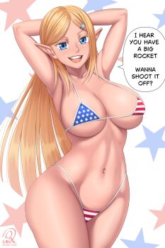 1girl american_flag american_flag_bikini american_flag_print armpits arms_behind_head artist_name bikini blonde_hair blue_eyes breasts cleavage curvy elf english_text flag_print flag_print_bikini half-closed_eyes highres large_breasts legs long_hair looking_at_viewer navel open_mouth pink_lips pointy_ears print_bikini rocky-ace seductive_gaze seductive_smile sexually_suggestive sideboob smile solo swimsuit teasing teeth thick_thighs thighs toned tongue wide_hips