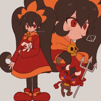 1girl ashley_(warioware) black_hair blue_eyes closed_mouth commentary_request dress full_body grey_background hairband highres holding holding_stuffed_toy horns long_hair looking_at_viewer multiple_views nintendo orange_hairband pitchfork red_(warioware) red_dress red_eyes simple_background standing stuffed_animal stuffed_rabbit stuffed_toy twintails twitter_username upper_body very_long_hair w6wa4 warioware