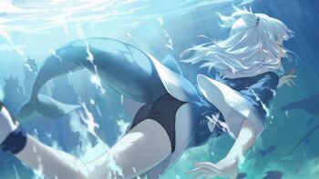 1girl absurdres animal_hood bike_shorts blue_hoodie closed_eyes commentary fins fish_tail gawr_gura gawr_gura_(1st_costume) grey_hair hair_ornament highres hololive hololive_english hood hoodie midori_fufu open_mouth shark_girl shark_hair_ornament shark_hood shark_tail sharp_teeth shrimp smile solo symbol-only_commentary tail teeth two_side_up underwater virtual_youtuber
