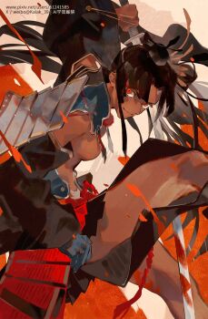 1girl arm_up armor black_hair black_sleeves blood bloody_weapon blue_gloves breast_curtains breasts closed_mouth dark-skinned_female dark_skin detached_sleeves eyeliner fate/grand_order fate_(series) feather_hair_ornament feathers from_side gloves hair_bun hair_ornament hat highres holding holding_sword holding_weapon japanese_armor kalak_39 katana kusazuri long_hair long_sleeves looking_at_viewer makeup medium_breasts parted_bangs pixiv_id pom_pom_(clothes) red_eyeliner red_eyes revealing_clothes shoulder_armor side_ponytail single_glove single_hair_bun smile sode solo sword tokin_hat twitter_username ushiwakamaru_(corrupted)_(fate) ushiwakamaru_(fate) weapon wide_sleeves