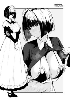 1girl apron bikini bikini_under_clothes blush bob_cut breasts closed_mouth collared_dress commentary_request dated dress embarrassed frilled_apron frilled_bikini frills full_body greyscale highres juliet_sleeves kichihachi large_breasts long_dress long_sleeves looking_to_the_side maid maid_apron maid_headdress monochrome multiple_views open_clothes opened_by_self original puffy_sleeves shoes short_hair standing steaming_body sweat swimsuit turning_head twitter_username v_arms
