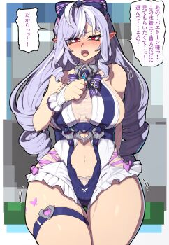 1girl abstract_background ahoge animal_print arm_behind_back bare_shoulders black_bow blush bow bowtie breasts butterfly_print clenched_hand clothing_cutout commentary_request cowboy_shot drill_hair ear_blush fangs frilled_one-piece_swimsuit frilled_wrist_cuffs frills hair_bow half-closed_eyes hand_on_own_chest heart_cutout highres ishibori_eregomos large_breasts looking_at_viewer mole mole_under_eye motion_lines navel official_alternate_costume one-piece_swimsuit open_mouth pink_bow pointy_ears purple_bow purple_bowtie purple_hair red_eyes see-through_clothes sideboob_cutout solo speech_bubble stomach_cutout swimsuit thigh_strap thighs translated two-tone_one-piece_swimsuit vivian_banshee vivian_banshee_(iris_of_the_shore) wrist_cuffs zenless_zone_zero