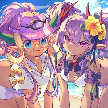 Rule 34 | 2girls, beach, blonde hair, blue eyes, bow, breasts, cleavage, dark-skinned female, dark skin, dorna (p&amp;d), elf, flower, glasses, hair between eyes, hair flower, hair ornament, highres, horns, kuuron (moesann17), long hair, looking at viewer, multiple girls, pink eyes, pink hair, pointy ears, purple eyes, purple hair, puzzle &amp; dragons, smile, swimsuit, veroah (p&amp;d), yellow bow, yellow flower
