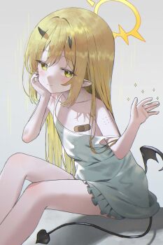 1girl absurdres bandaid bandaids_on_nipples black_horns black_tail blonde_hair blue_archive demon_horns demon_tail demon_wings dress halo highres horns ibuki_(blue_archive) loli long_hair merong_(sou47897) pasties solo tail wings yellow_eyes yellow_halo