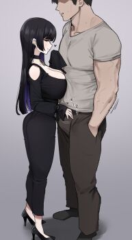 1boy 1girl ass black_choker black_dress black_hair bocchi_the_rock breasts bulge choker cleavage dress ear_piercing earrings erection erection_under_clothes gradient_hair grey_shirt heart high_heels jewelry large_breasts long_hair long_sleeves looking_at_viewer multicolored_hair nago_purin pa-san pants piercing shirt smile two-tone_hair