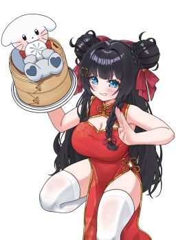 Rule 34 | 1girl, absurdres, black hair, blue eyes, blush, bow, braid, braided sidelock, breasts, bun with braided base, china dress, chinese clothes, cleavage, cleavage cutout, clothing cutout, commentary request, creature, double bun, dress, grimace, haedungi (shirayuki hina), hair bow, hair bun, hair intakes, hair ornament, hands up, heart, heart hair ornament, highres, holding, korean commentary, kururin (vjkyb6464), large breasts, long hair, long sidelocks, looking at viewer, red bow, red dress, shirayuki hina, side slit, sidelocks, simple background, sleeveless, sleeveless dress, solo, stellive, thighhighs, v-shaped eyebrows, very long hair, virtual youtuber, white background, white thighhighs, wispy bangs