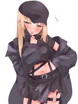 1girl absurdres black_hat black_jacket black_shirt black_skirt blonde_hair breasts closed_mouth commentary_request hat highres jacket large_breasts long_hair mask mask_pull mouth_mask navel nijisanji o-ring o-ring_thigh_strap official_alternate_costume shirt sister_claire sister_claire_(9th_costume) skirt smile solo tepenchi thigh_strap tongue tongue_out virtual_youtuber white_background yellow_eyes
