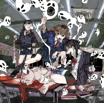 4girls black_footwear black_hair black_jacket blood blue_jacket book bow bowtie bra breasts brown_hair brown_necktie ceiling_light classroom desk exorcism forceps ghost gomibaketsu3 grey_bra hair_ornament hairclip highres indoors jacket lying multiple_girls necktie on_back on_desk open_mouth original pulling red_bow red_bowtie red_hair red_necktie school_desk shirt shoes short_twintails sitting skirt small_breasts socks standing surgery surgical_scissors teeth twintails underwear white_shirt