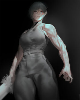 Rule 34 | 1girl, absurdres, belt, black shirt, breasts, burn scar, closed mouth, from below, green eyes, green hair, hashtag-only commentary, high-waist pants, highres, holding, holding sword, holding weapon, jaeb (kkrt0302), jujutsu kaisen, large breasts, multiple scars, muscular, muscular female, one eye closed, pants, scar, scar on face, scars all over, shirt, sleeveless, sleeveless shirt, solo, sword, too many, weapon, zen'in maki