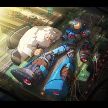 2boys android arm_cannon armor beard blue_armor blue_helmet commentary dr._light_(mega_man) energy_tank english_commentary exposed_internal_machinery facial_hair forehead_jewel full_body helmet highres lab_coat lying male_focus mega_man_(classic) mega_man_(series) mega_man_x_(series) multiple_boys old old_man on_back robot science_fiction sleeping table ultimatemaverickx weapon white_hair x_(mega_man)