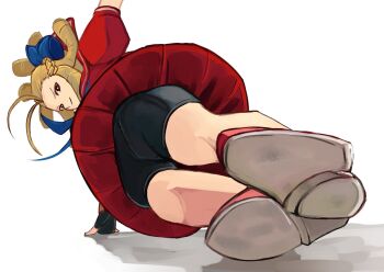 Rule 34 | 1girl, antenna hair, bike shorts, black gloves, blonde hair, blue bow, blue neckerchief, bow, braid, bright pupils, brown eyes, fingerless gloves, floating hair, gloves, hair bow, hair pulled back, hand on ground, highres, incoming attack, incoming kick, kanzuki karin, kicking, long hair, looking at viewer, neckerchief, red shirt, red skirt, ringlets, sailor collar, school uniform, serafuku, shadow, shirt, shoes, skirt, solo, street fighter, street fighter zero (series), tikuwabu 33, upskirt, v-shaped eyebrows, white background, white pupils