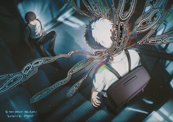 2boys backpack bag belt black_bag black_belt black_hair black_pants black_shoes body_horror buttons collared_shirt commentary_request from_above full_body glitch hair_between_eyes highres hikaru_ga_shinda_natsu horror_(theme) indou_hikaru kaeru_(qingwali) looking_at_another male_focus milestone_celebration mole mole_under_eye mole_under_mouth multiple_boys multiple_moles on_floor pants pocket scared shirt shirt_tucked_in shoes short_hair short_sleeves sitting stairs tsujinaka_yoshiki twitter_username twitter_x_logo white_hair white_shirt