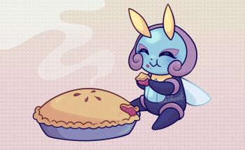 antennae brown_background closed_eyes eating food full_body gen_3_pokemon highres illumise inkie-heart insect_wings nintendo no_humans patterned_background pi_day pie pokemon pokemon_(creature) sitting solo steam wings