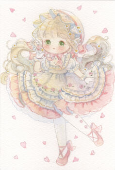 Rule 34 | 1girl, absurdres, blonde hair, commentary request, dress, frilled dress, frills, full body, gloves, green eyes, highres, long hair, original, painting (medium), pantyhose, petals, puffy short sleeves, puffy sleeves, short sleeves, solo, standing, tato (kunikida-3), traditional media, watercolor (medium), white gloves, white pantyhose