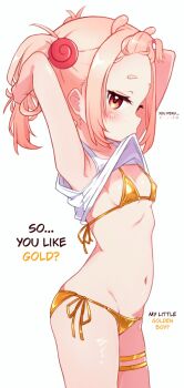 1girl alternate_costume alternate_hairstyle antenna_hair armpits bangs_pinned_back bikini blush breasts clothes_in_mouth english_text forehead freckles gold_bikini hair_ornament highres indie_virtual_youtuber lifting_own_clothes loli looking_at_viewer matsuro_meru matsuro_meru_(artist) medium_hair mouth_hold navel pink_eyes pink_hair profile shirt shirt_in_mouth short_eyebrows side-tie_bikini_bottom sidelocks simple_background skindentation sleeveless sleeveless_shirt small_breasts snail_hair_ornament solo swimsuit thigh_strap topknot twintails virtual_youtuber white_background