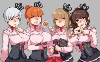 Rule 34 | 4girls, bag, black corset, black eyes, black skirt, blush, breasts, brown hair, candy, commentary request, corset, cosplay, crown, earrings, flying sweatdrops, food, grey background, hair bun, highres, holding, holding bag, holding candy, holding food, holding lollipop, jewelry, large breasts, letter, lollipop, looking at another, looking at viewer, medium breasts, medium hair, multiple girls, ningenimomusi, orange hair, pink shirt, ponytail, red ribbon, ribbon, shirt, short hair, skirt, sweatdrop, umineko no naku koro ni, ushiromiya eva, ushiromiya kyrie, ushiromiya maria, ushiromiya maria (cosplay), ushiromiya natsuhi, ushiromiya rosa, white hair