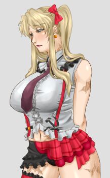 1girl alternate_hairstyle arms_behind_back ayase_eli_(cosplay) balalaika_(black_lagoon) bare_arms black_lagoon black_panties blonde_hair blue_eyes breasts cosplay downcast_eyes earrings embarrassed female_focus frilled_skirt frills hammer_and_sickle huge_breasts jewelry lipstick long_hair love_live! love_live!_school_idol_project makeup microskirt mole mole_under_eye navel necktie panties pantyshot paya_(paya19891115) scar single_thighhigh skirt solo soviet suspenders thick_thighs thighhighs thighs twintails two_side_up underwear upskirt