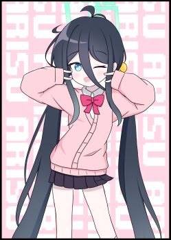 1girl absurdres alternate_hairstyle aris_(blue_archive) black_hair black_skirt blue_archive blue_eyes bow bowtie cardigan commentary cowboy_shot halo highres iisa111111 long_hair long_sleeves looking_at_viewer low_twintails miniskirt one_eye_closed open_mouth parody pink_background pink_cardigan pleated_skirt rectangular_halo red_bow red_bowtie school_uniform simple_background skirt smile solo text_background twintails very_long_hair zako_(vocaloid)