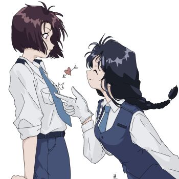 2girls ^_^ abi_(kabe) arrow_through_heart black_hair blue_necktie blue_vest brown_hair closed_eyes commentary_request gloves heart highres kobayakawa_miyuki long_hair looking_at_another multiple_girls necktie police police_uniform shirt short_hair signature simple_background smile taiho_shichauzo tsujimoto_natsumi vest white_background white_gloves white_shirt