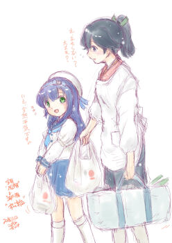 2girls apron bag black_hair blue_hairband blue_neckerchief blue_sailor_collar blue_skirt commentary_request feet_out_of_frame green_eyes hairband hat houshou_(kancolle) japanese_clothes kantai_collection kappougi kimono koshigaya_tatsumi long_hair matsuwa_(kancolle) multiple_girls neckerchief pleated_skirt ponytail sailor_collar sailor_hat school_uniform serafuku shopping_bag skirt socks white_hat white_socks