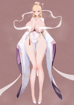Rule 34 | 1girl, absurdres, areola slip, blonde hair, breasts, chinese clothes, covered navel, dogma zzzz, dress, earrings, full body, hair ornament, hair stick, high heels, highres, huge breasts, jewelry, legs, long hair, looking at viewer, necklace, original, pelvic curtain, red eyes, solo, white dress, white footwear, wide sleeves