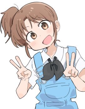 1girl alternate_costume black_neckerchief blue_overalls brown_eyes brown_hair city_(arawi_keiichi) collared_shirt double_v highres looking_at_viewer nagumo_midori neckerchief open_mouth overalls ponytail shirt sidelocks simple_background solo v white_background white_shirt wichimi