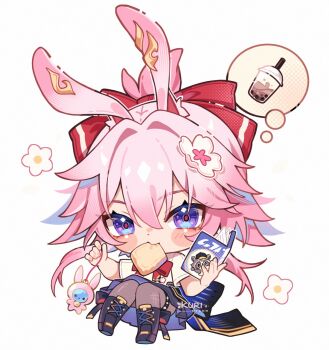 1girl alternate_costume animal_ears black_pantyhose blue_eyes blush book bow bowtie bread bread_slice chibi chibi_only commentary english_commentary evanescia_(honkai:_star_rail) flower food food_in_mouth full_body hair_between_eyes hair_flower hair_ornament holding holding_book honkai:_star_rail honkai_(series) invisible_chair kuri_(animejpholic) looking_at_viewer pantyhose pink_flower pink_hair red_bow red_bowtie shirt simple_background sitting skirt solo speech_bubble thought_bubble white_background white_shirt