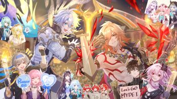 &gt;_&lt; 5boys 6+girls absurdres aglaea_(honkai:_star_rail) anaxa_(honkai:_star_rail) black_hair blonde_hair blue_eyes blue_hair blue_hairband caelus_(honkai:_star_rail) castorice_(honkai:_star_rail) cerydra_(honkai:_star_rail) chest_tattoo cipher_(honkai:_star_rail) colosseum commentary_request cyrene_(aedes_elysiae)_(honkai:_star_rail) cyrene_(honkai:_star_rail) dan_heng_(honkai:_star_rail) dan_heng_(permansor_terrae)_(honkai:_star_rail) dragon_boy eastern_dragon_horns evernight_(honkai:_star_rail) eyepatch flower green_hair grey_hair hair_flower hair_ornament hairband heterochromia highres holding holding_sword holding_weapon honkai:_star_rail honkai_(series) hyacine_(honkai:_star_rail) hysilens_(honkai:_star_rail) laurel_crown little_ica_(honkai:_star_rail) long_hair march_7th_(honkai:_star_rail) medical_eyepatch multiple_boys multiple_girls mydei_(honkai:_star_rail) pegasus phainon_(honkai:_star_rail) pink_hair purple_eyes purple_hair red_eyes red_hair red_tattoo sign sparring sword tanemaki_monaka tattoo toned toned_male topless_male trailblazer_(honkai:_star_rail) trianne_(honkai:_star_rail) tribbie_(honkai:_star_rail) trinnon_(honkai:_star_rail) twintails very_long_hair weapon wooden_sword yellow_eyes