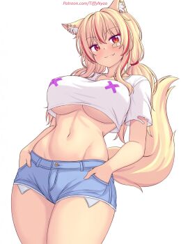 1girl animal_ear_fluff animal_ears bandaid bandaid_on_face blonde_hair breasts cat_ears cat_girl cat_tail covered_erect_nipples cowboy_shot exposed_pocket fang hands_in_pockets highres large_breasts light_blush long_hair looking_at_viewer micro_shorts midriff multicolored_hair navel nottytiffy original patreon_username red_eyes red_hair shorts slit_pupils smile solo streaked_hair tail tiffy_(nottytiffy) twintails two-tone_hair underboob watermark web_address white_background