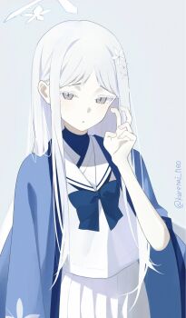 1girl :o bent_v blue_archive blue_bow blue_bowtie blush bow bowtie commentary_request furrowed_brow grey_background grey_hair halo haori highres japanese_clothes kurenai_no_hikou-tei long_hair looking_at_viewer nagusa_(blue_archive) pale_skin partial_commentary pleated_skirt school_uniform serafuku simple_background skirt solo straight_hair twitter_username v very_long_hair white_serafuku