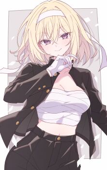 1girl bang_dream! bang_dream!_it&#039;s_mygo!!!!! black_jacket black_pants blonde_hair border breasts cleavage commentary e20 gakuran gloves hair_between_eyes hairband highres jacket large_breasts long_hair medium_hair midriff misumi_uika open_clothes open_jacket outside_border pants purple_eyes sarashi school_uniform solo white_border white_gloves white_hairband