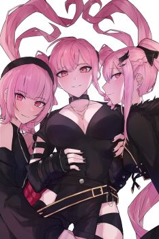 3girls arm_cutout black_gloves black_shirt black_shorts breasts cleavage clone clothing_cutout collar destinbeee drill_hair fingerless_gloves floating_hair gloves hat highres hololive hololive_english jacket jewelry large_breasts legs long_hair long_sleeves looking_at_viewer mori_calliope mori_calliope_(grimoire) mori_calliope_(the_story_thus_far) multiple_girls necklace pink_hair shirt shorts smile thigh_cutout thighs twin_drills twintails upper_body virtual_youtuber