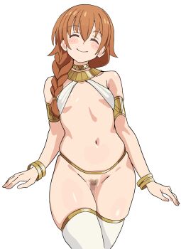 1girl absurdres blush braid breasts brown_hair censored closed_eyes closed_mouth female_pubic_hair hand_up harem_outfit highres inami_mahiru&#039;s_mother long_hair mature_female mosaic_censoring navel noyama_takenoko pubic_hair pussy second-party_source simple_background small_breasts smile standing stomach thighhighs thighs waving white_background white_thighhighs working!!