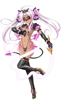 1girl aoi_masami blindfold boots bow breasts corruption dark-skinned_female dark_persona dark_skin demon_tail elbow_gloves full_body game_cg gloves hair_bow harukaze_mai_(tsmg_nao!) high_heels highres large_variant_set long_hair magical_girl medium_breasts navel non-web_source official_art pubic_tattoo slave_cherry slave_gear_(tsmg_nao!) slave_visor_(tsmg_nao!) slingshot_swimsuit solo swimsuit sword tachi-e tail tattoo thigh_boots thighhighs transparent_background ts_magical_girl_nao twintails variant_set weapon white_hair