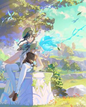 1boy animal belt beret bird black_bow black_bowtie black_hair blue_eyes blue_gemstone blue_hair blue_ribbon blue_sky bow bowtie braid brown_belt brown_bow brown_bowtie brown_shoes buttons capelet closed_mouth cloud cloudy_sky collared_shirt corset crystal_print crystalfly_(genshin_impact) feathers fingernails flower flying frills gem genshin_impact gradient_hair grass green_capelet green_hat green_shorts grey_shirt hair_between_eyes hand_up hat hat_flower hat_ornament highres hill leaf leaf_hat light long_sleeves looking_to_the_side mountain multicolored_bow multicolored_bowtie multicolored_hair nature outdoors pantyhose pom_pom_(clothes) puffy_long_sleeves puffy_sleeves red_flower ribbon rock sainome_(imveryfinethx) scenery seelie_(genshin_impact) shadow shirt shoes short_hair shorts sitting sky smile solo striped_bow striped_bowtie striped_clothes sunlight tree twin_braids two-tone_bow two-tone_bowtie venti_(genshin_impact) vision_(genshin_impact) white_flower white_pantyhose wings yellow_flower