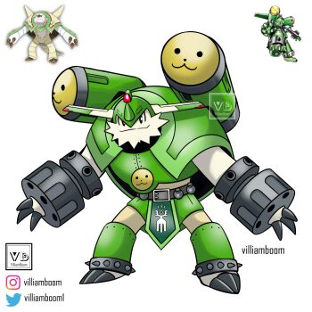 arm_cannon armor chesnaught digimon digimon_(creature) fakemon full_body fusion gen_6_pokemon green_armor highres mecha nintendo official_art_inset oridigi pokemon pokemon_(creature) robot saintgalgomon simple_background smile villiam_boom weapon white_background