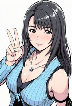 1girl arm_ribbon bare_shoulders black_hair black_ribbon black_shirt blue_arm_warmers blue_cardigan breasts cardigan cleavage final_fantasy final_fantasy_viii grey_eyes highres jaydamon jewelry light_blush long_hair medium_breasts necklace ribbon ring ring_necklace rinoa_heartilly shirt sleeveless sleeveless_shirt smile solo upper_body v white_background
