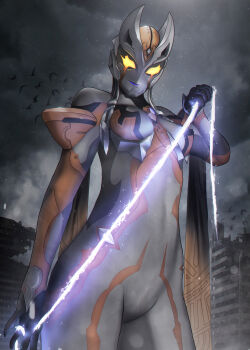 1girl absurdres alien boshi_(atuki_mk2) breast_apart breasts building carmeara carmeara_whip chest_jewel cloud cloudy_sky color_timer destruction energy energy_weapon energy_whip flying gem gem_on_head giant giantess glowing glowing_eyes glowing_gem highres ice ice_weapon ice_whip kaijin kaiju looking_at_viewer looking_down monster no_pupils overcast rain seijin shibito-zoiger sky supervillain tsuburaya_productions ultra_series ultraman_tiga:_the_final_odyssey ultraman_tiga_(series) ultraman_trigger_(series) weapon whip wings yellow_eyes zoiger