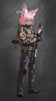 1girl 40mm_grenade absurdres animal_ear_fluff animal_ears black_boots black_gloves black_suit blue_archive blue_eyes blue_halo boots bulletproof_vest commentary_request dog_tags earphones_on_animal_ears eotech fingerless_gloves formal_clothes fox_ears fox_girl fox_platoon_(blue_archive) full_body furrowed_brow gloves grenade_launcher gun halo handle headphones highres holding holding_gun holding_weapon looking_at_viewer microphone military military_combat_uniform military_uniform milkor_mgl mossberg_590 niko_(blue_archive) odi original pink_hair radio_antenna scissors short_hair shotgun solo solo_focus suit tactical_clothes tactical_gloves tail variant_set weapon