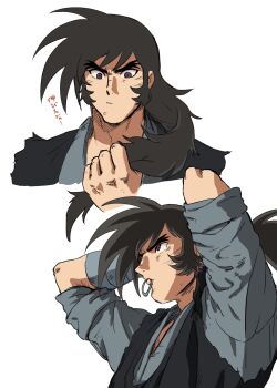 1boy arms_behind_head arms_up beniazumaru black_hair commentary_request dougi getter_robo hair_tie_in_mouth highres holding holding_own_hair long_bangs long_hair low_ponytail male_focus mouth_hold nagare_ryoma ponytail shin_getter_robo_vs_neo_getter_robo sideburns tying_hair