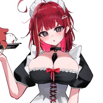 1girl :o absurdres ahoge akane_lize arm_at_side between_breasts black_choker black_dress blush bow breasts center-flap_bangs choker cleavage commentary corset creature dated_commentary double-parted_bangs dress dress_bow grey_eyes hair_intakes hair_ornament hairclip hand_up highres holding holding_tray huge_ahoge large_breasts looking_at_viewer low_neckline maid maid_headdress medium_hair mole mole_under_eye parted_lips pienna_(akane_lize) red_bow red_hair red_pupils short_sleeves simple_background slit_pupils solo stellive tray upper_body virtual_youtuber white_background white_corset yeomhwauranyum